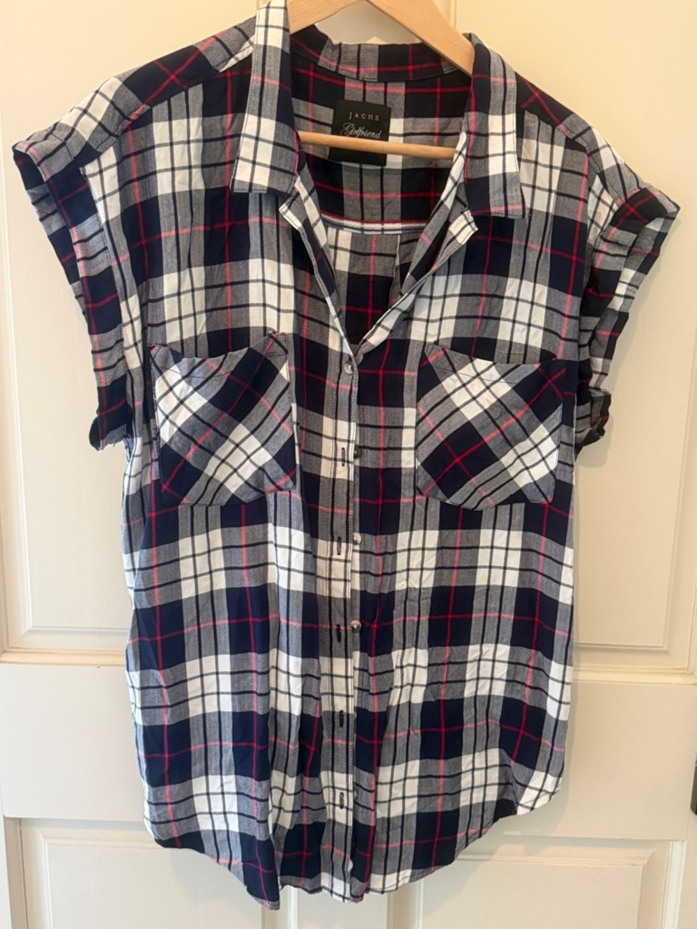 JACHS Girlfriend Navy, White & Red Plaid Short-Sleeve Button-Up